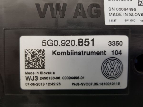 Speedometer/Instrument Cluster VW Golf MK7 5G0920851 Johnson Controls