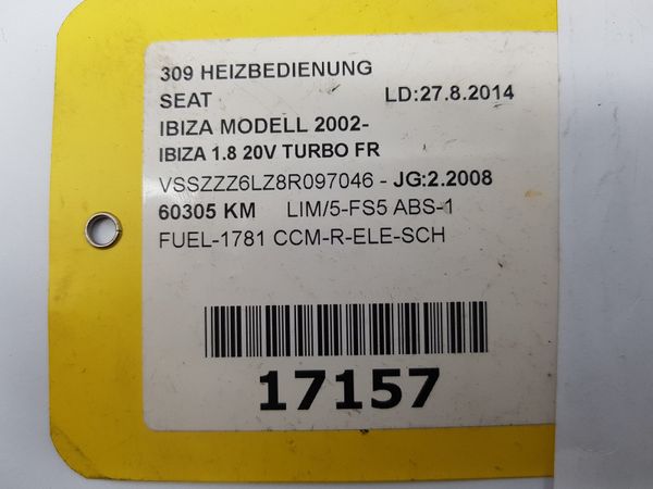 Heater Control Unit Seat Ibiza 3 6L0820043E 412206017008