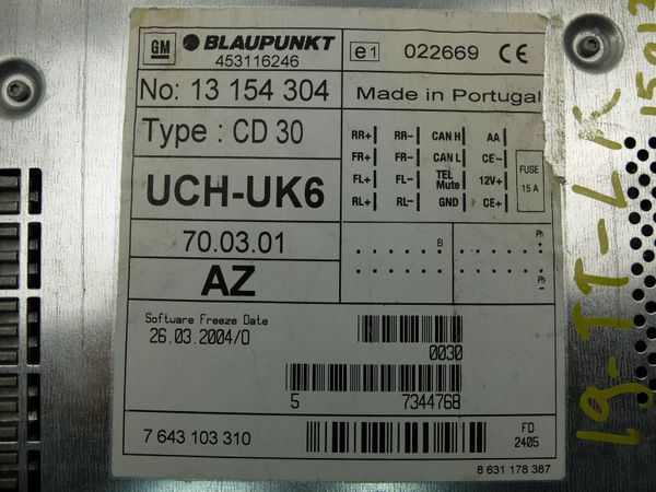Radio Cd Mp3 Player Opel 13154304 7643103310 UCH-UK6 Blaupunkt AZ