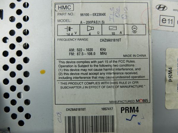 Radio Cd Mp3 Player  Hyundai I10 96100-0X2304X A-200PAE 1.5