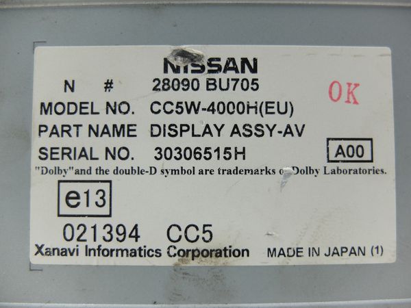 Navigation Display  Nissan Almera 28090BU705 CC5W-400H